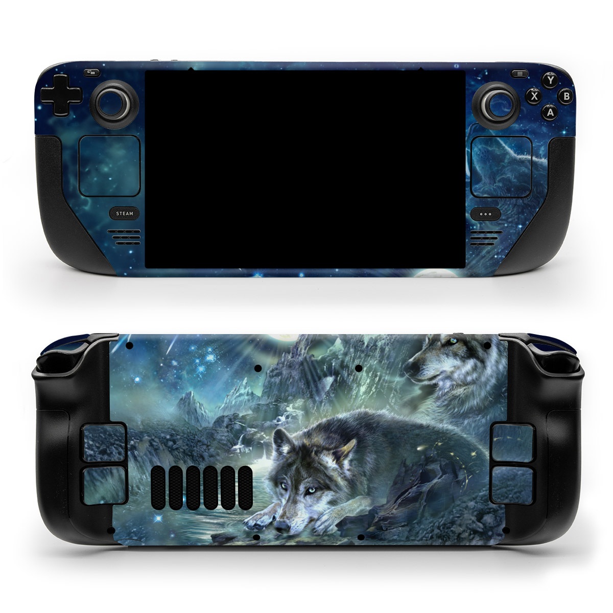 Valve Steam Deck Skin design of Wolf, Light, Astronomical object, Moon, Wildlife, Organism, Moonlight, Sky, Atmosphere, Celestial event, with black, gray, green colors