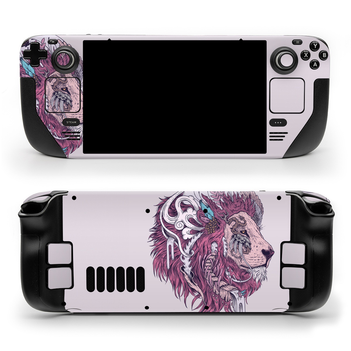 Valve Steam Deck Skin design of Illustration, Drawing, Sketch, Art, Graphic design, Lion, Goats, Fictional character, Ink, Bison, with gray, purple, black, red colors