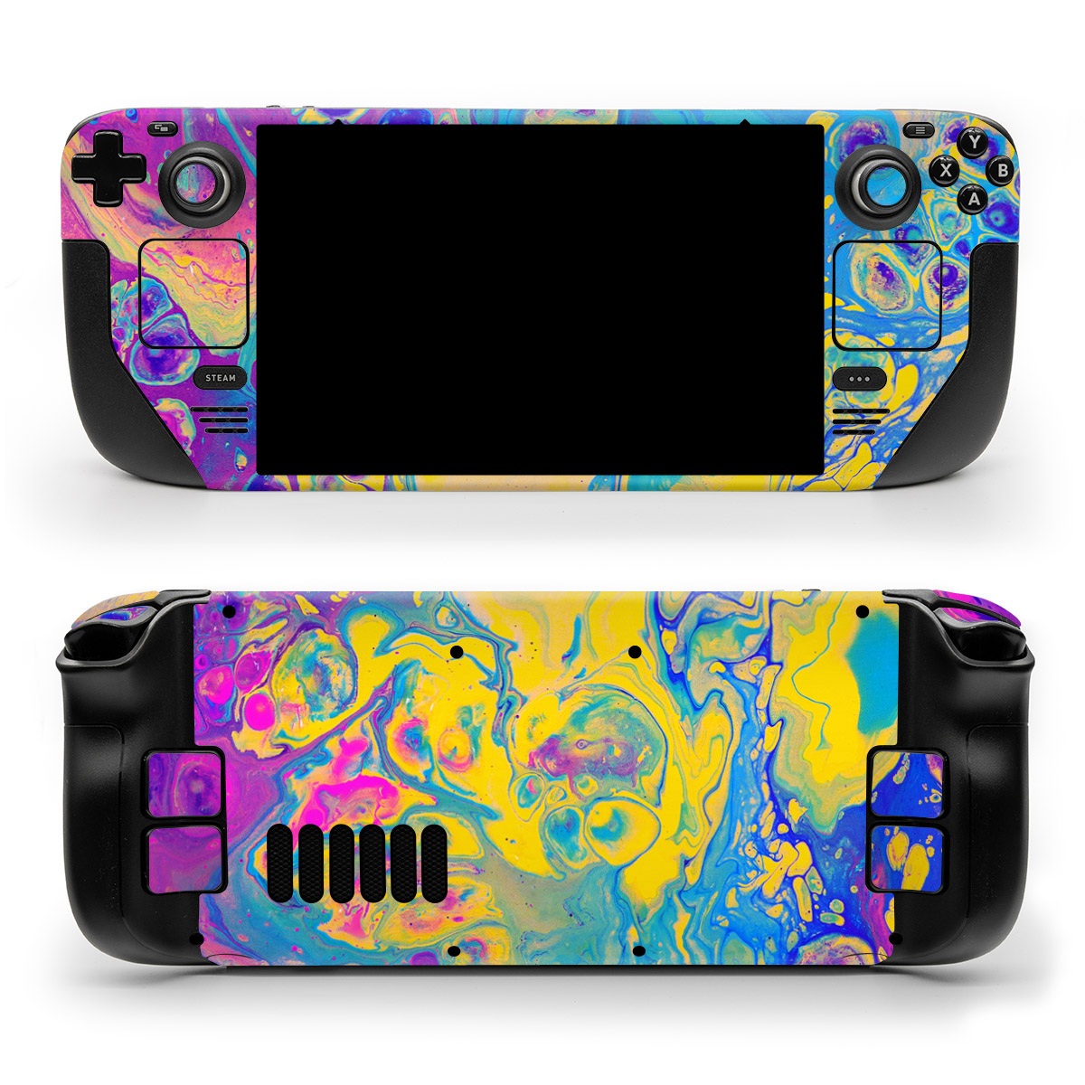 Valve Steam Deck Skin design of Psychedelic art, Pattern, Purple, Visual arts, Design, Art, Fractal art, Electric blue, Graphic design, Graphics, with blue, yellow, purple, pink colors