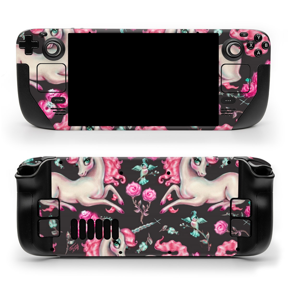 Valve Steam Deck Skin design of Pink, Horse, Pony, Fictional character, Unicorn, Mythical creature, Mane, Textile, Animal figure, Illustration, with white, pink, blue, black, red colors