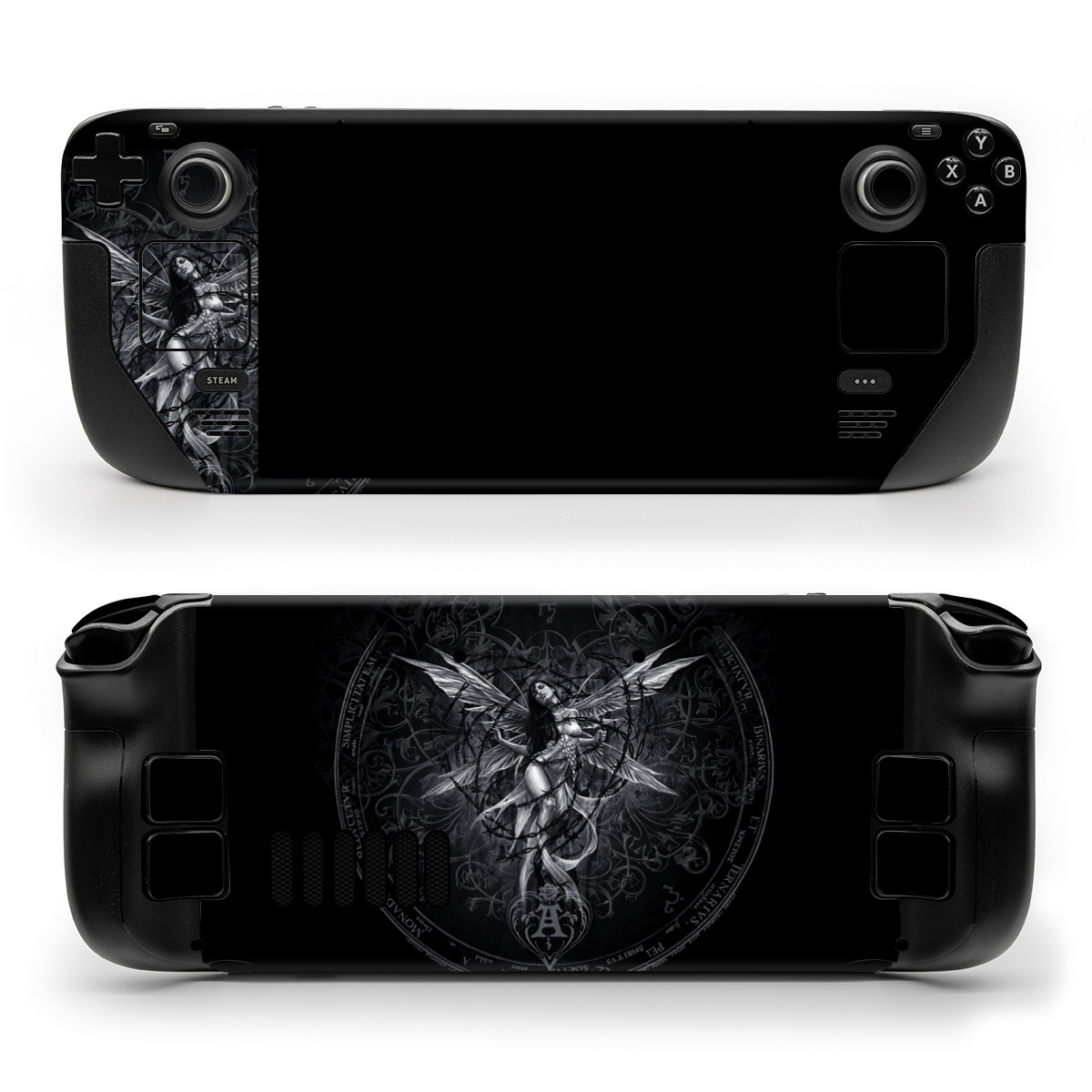 Valve Steam Deck Skin design of Illustration, Graphic design, Darkness, Fictional character, Black-and-white, Pattern, Graphics, Mythical creature, Circle, Wing, with black, white colors