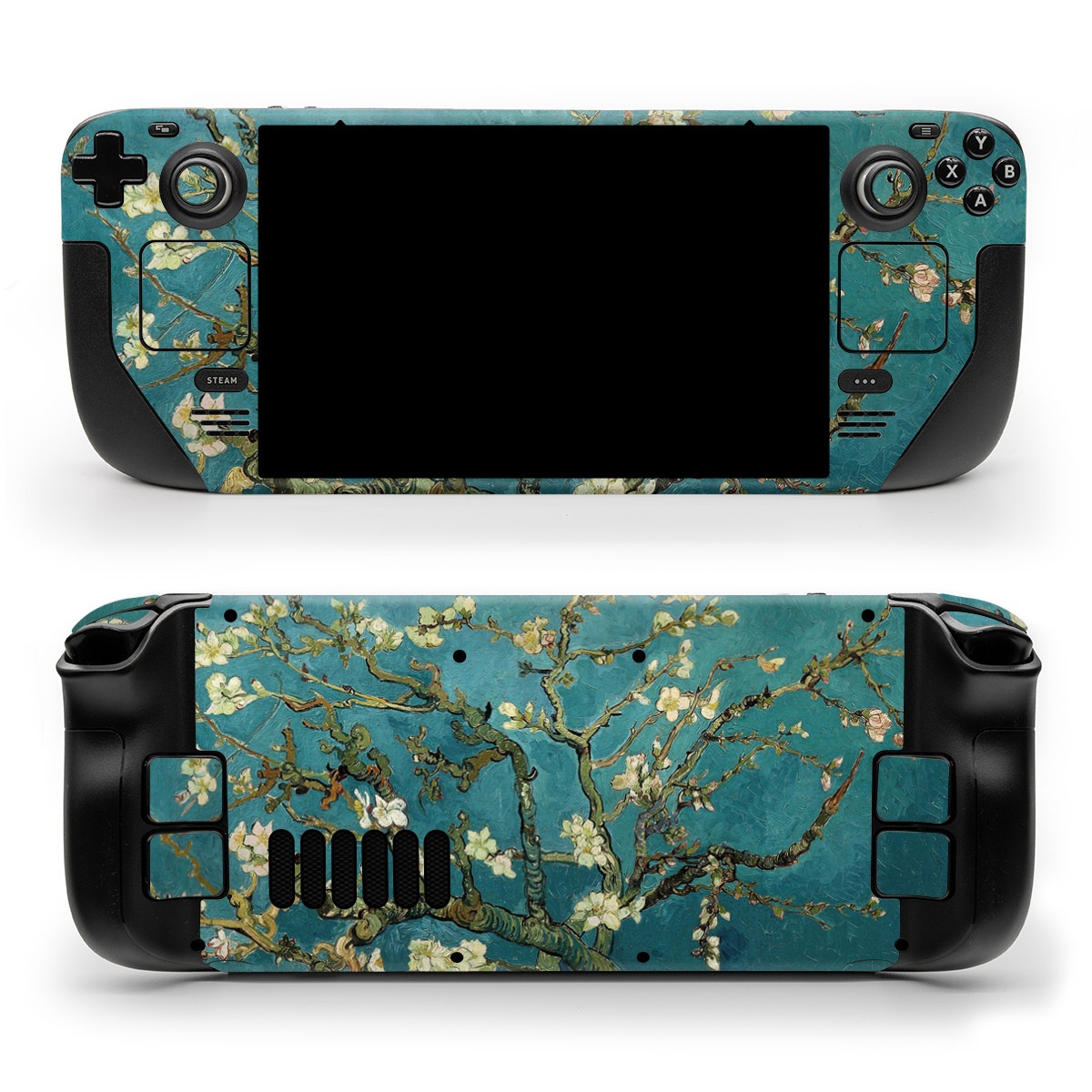 Valve Steam Deck Skin design of Tree, Branch, Plant, Flower, Blossom, Spring, Woody plant, Perennial plant, with blue, black, gray, green colors