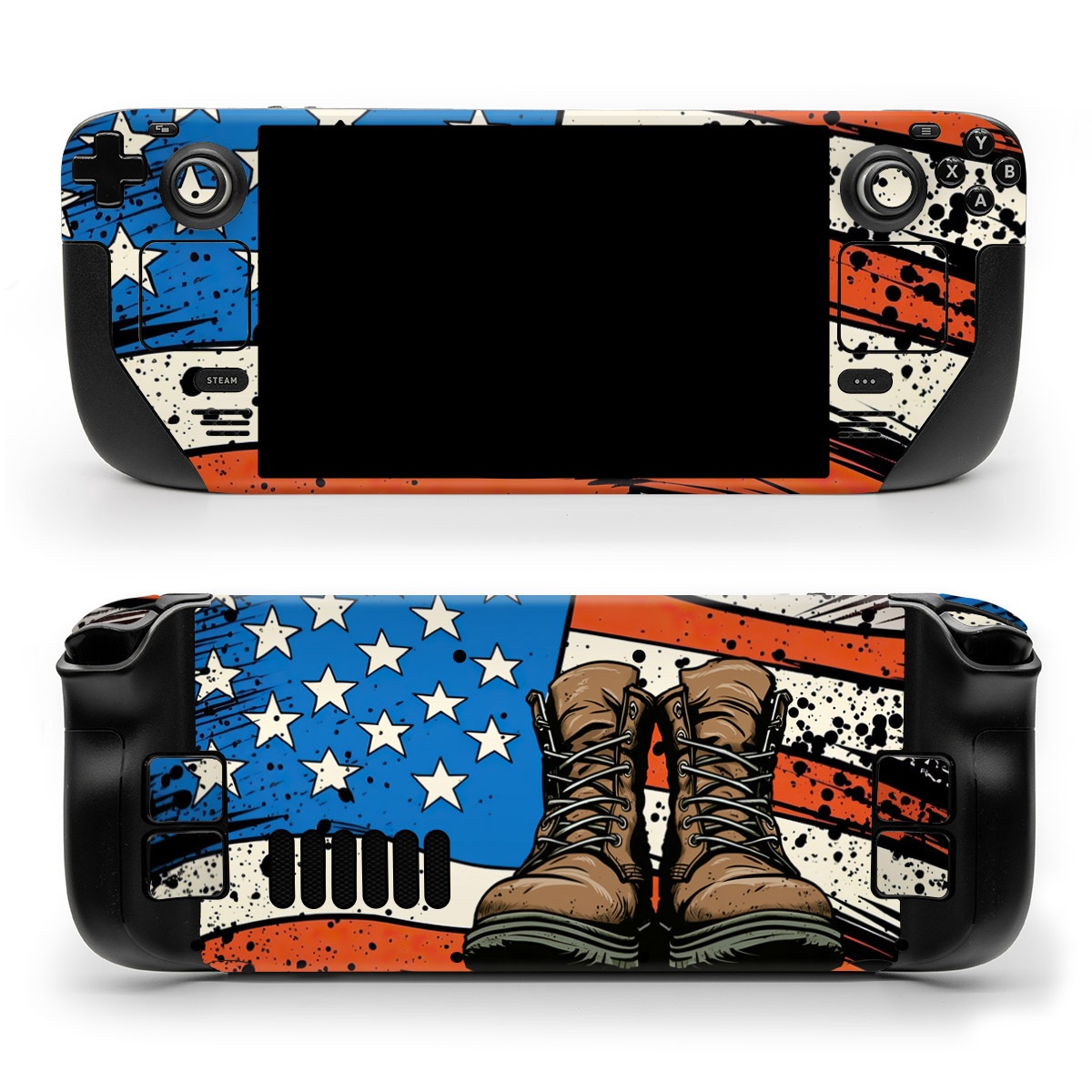 Valve Steam Deck Skin design of Footwear, Shoe, Walking shoe, Outdoor shoe, Line, Flag of the united states, Sneakers, Font, Art, Human leg, with red, blue, white, black, brown, gray colors