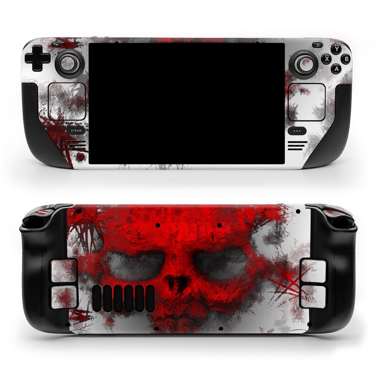 Valve Steam Deck Skin design of Red, Graphic design, Skull, Illustration, Bone, Graphics, Art, Fictional character, with red, gray, black, white colors