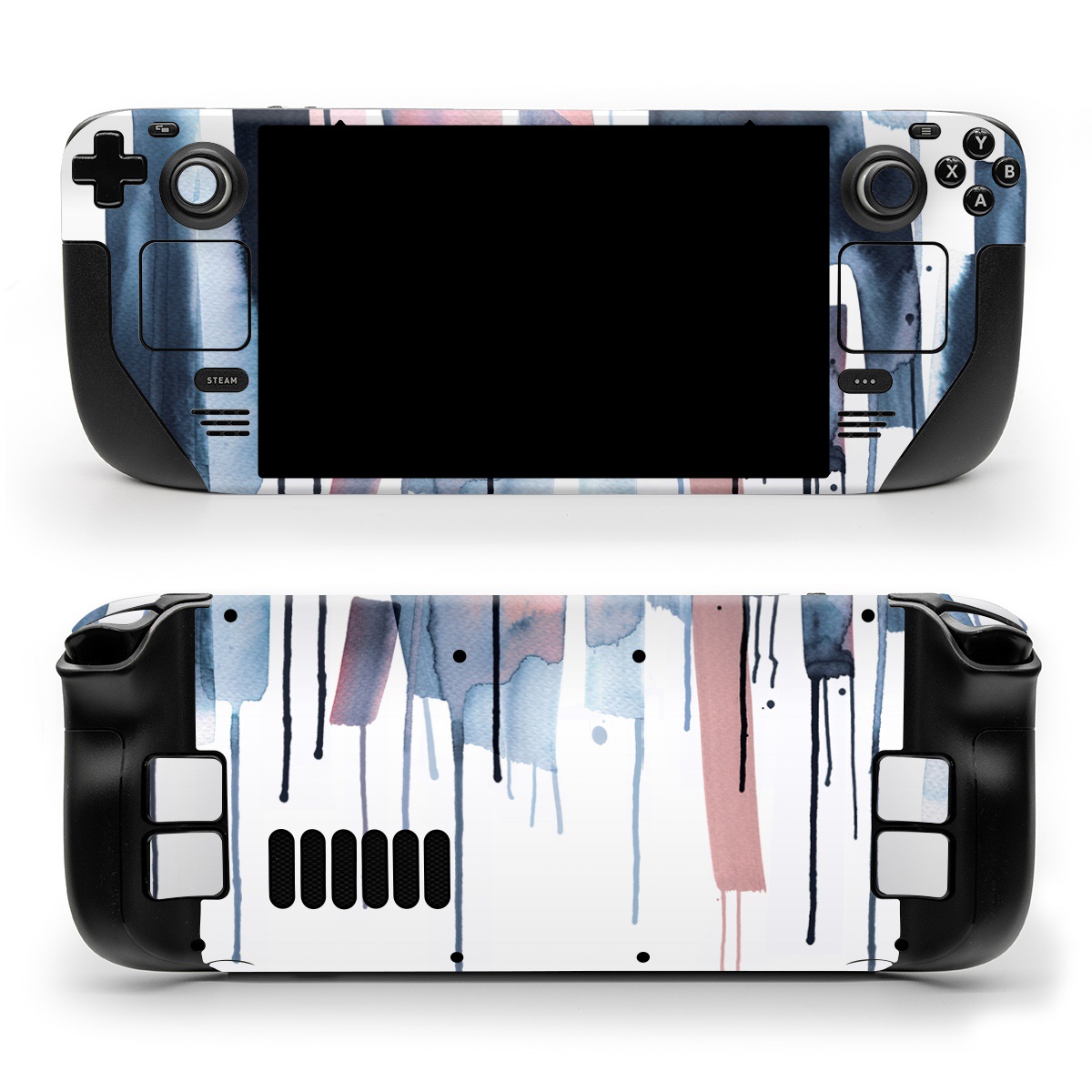 Valve Steam Deck Skin design of Gesture, Snow, Art, Freezing, Material property, Font, Fashion design, Sportswear, Electric blue, Magenta, with white, blue, pink, black colors