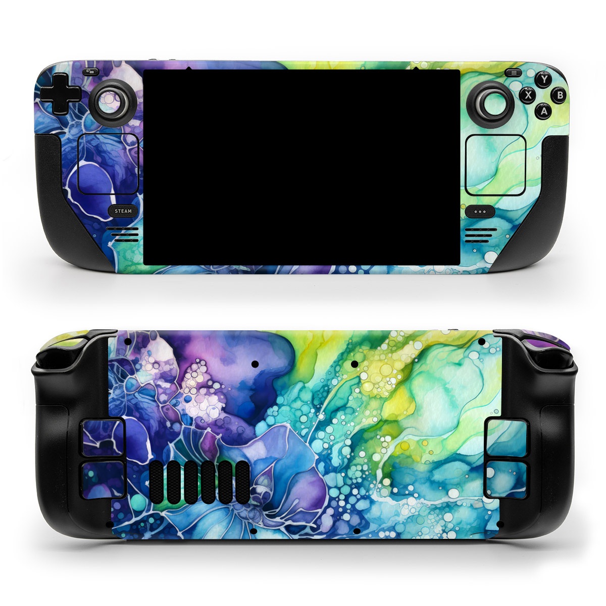 Valve Steam Deck Skin design of Flower, Plant, Art paint, Petal, Blue, Azure, Purple, Art, Paint, Painting, with blue, yellow, green, purple, white, orange colors