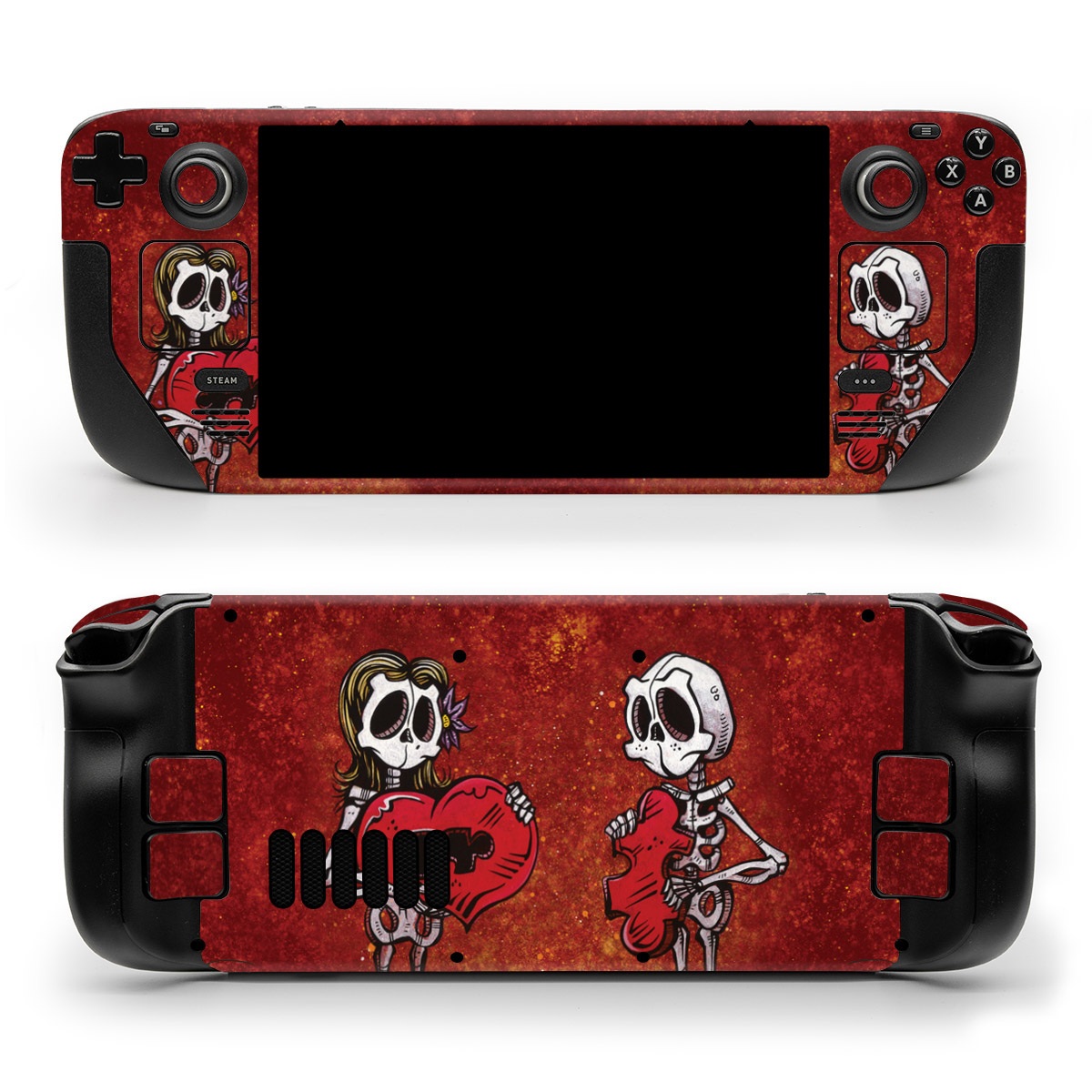 Valve Steam Deck Skin design of Font, Tints and shades, Bone, Art, Skull, Pattern, Creative arts, Carmine, Visual arts, Rectangle, with white, black, gray, brown, red, yellow, orange colors