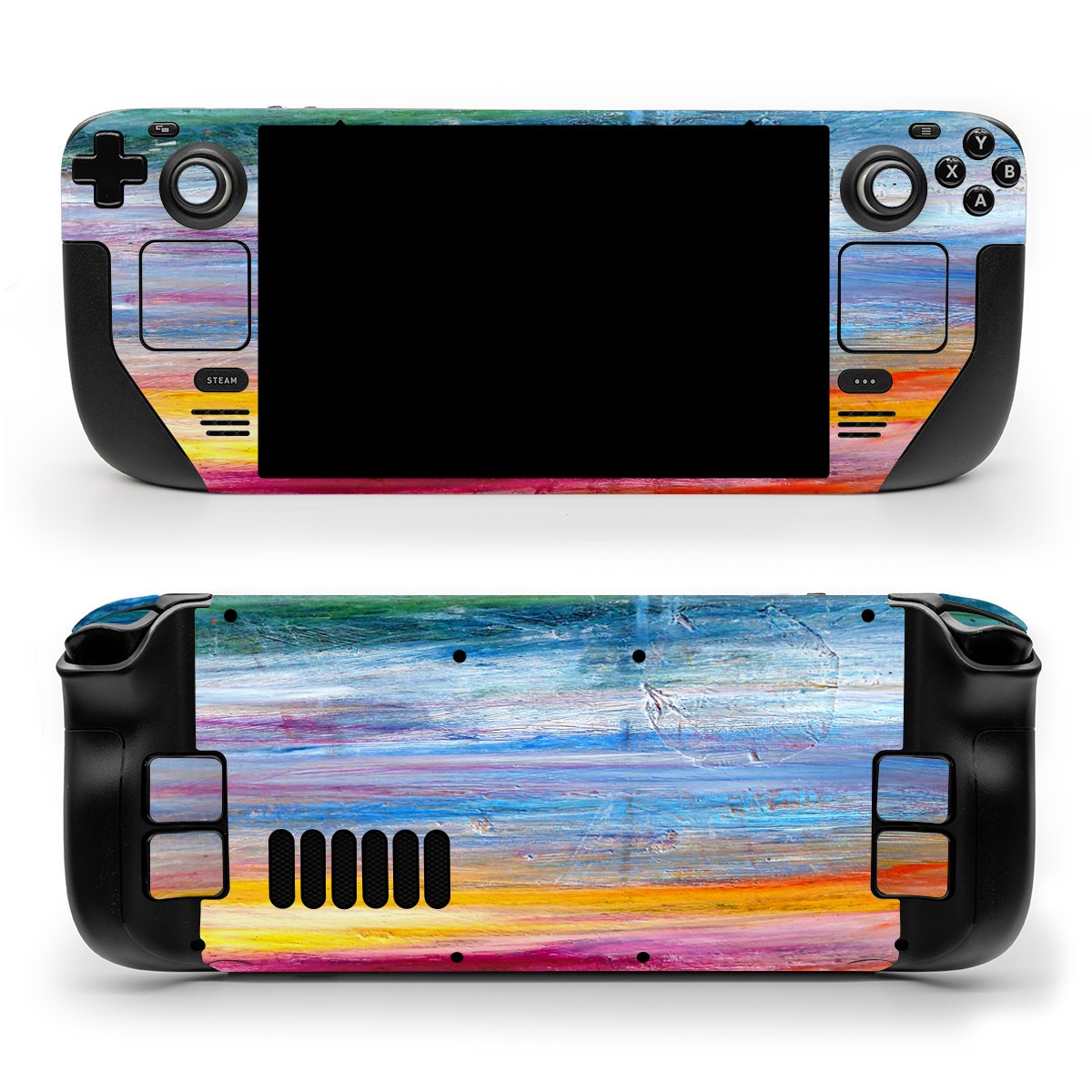 Valve Steam Deck Skin design of Sky, Painting, Acrylic paint, Modern art, Watercolor paint, Art, Horizon, Paint, Visual arts, Wave, with gray, blue, red, black, pink colors