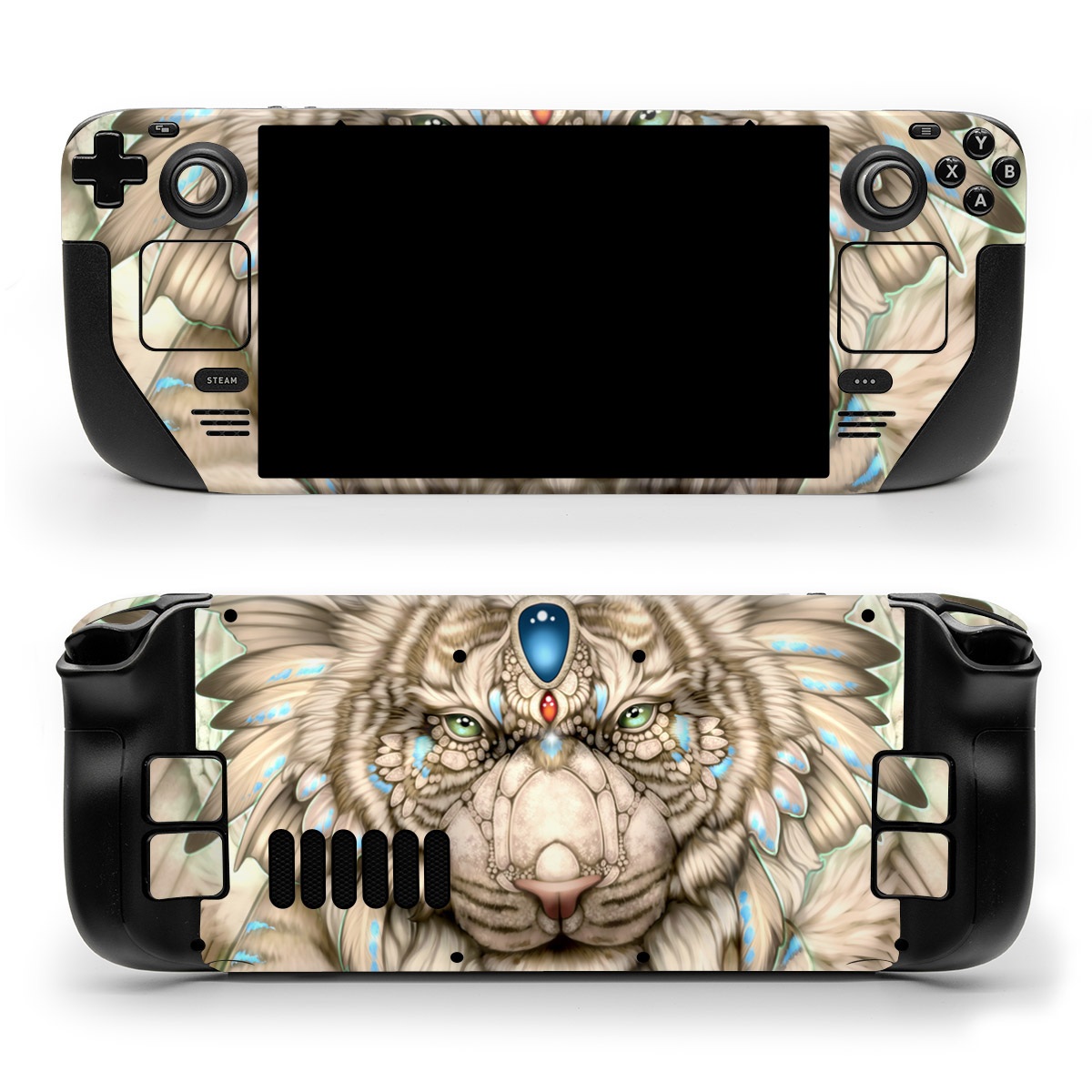 Valve Steam Deck Skin design of Mythical creature, Sleeve, Textile, Gesture, Felidae, Tattoo, Big cats, Font, Temporary tattoo, Painting, with white, blue, black, gray colors