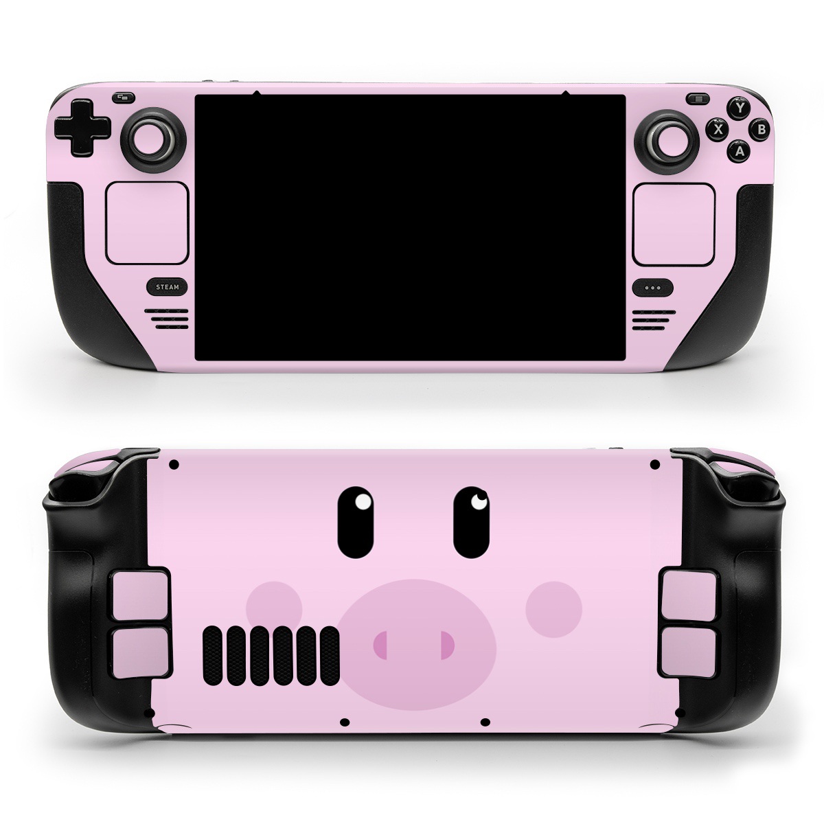 Valve Steam Deck Skin design of Pink, Cartoon, Violet, Nose, Purple, Snout, Suidae, Material property, Illustration, Animation, with pink, black, white colors
