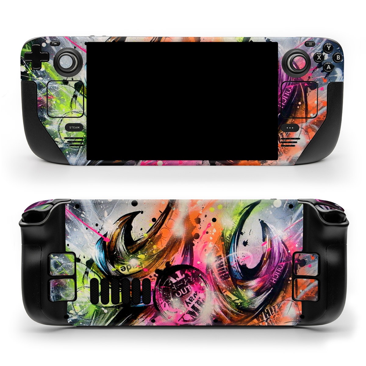 Valve Steam Deck Skin design of Graphic design, Fractal art, Art, Illustration, Design, Graphics, Cg artwork, Font, Visual arts, Pattern, with black, gray, red, green, purple, blue colors