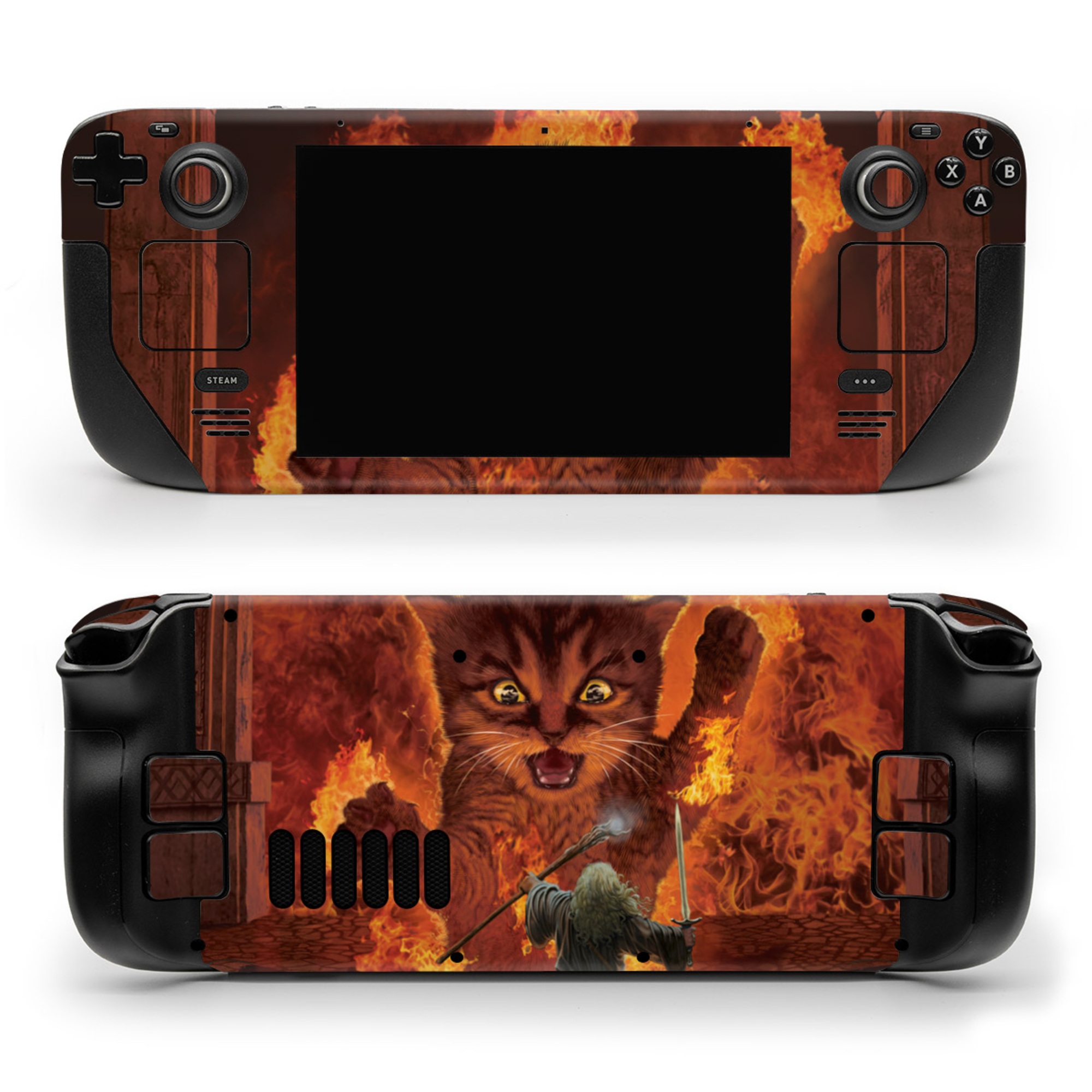 Valve Steam Deck Skin design of Cartoon, Art, Carnivore, Cg artwork, Felidae, Supernatural creature, Big cats, Heat, Fictional character, Darkness, with black, red, white, gray, yellow colors