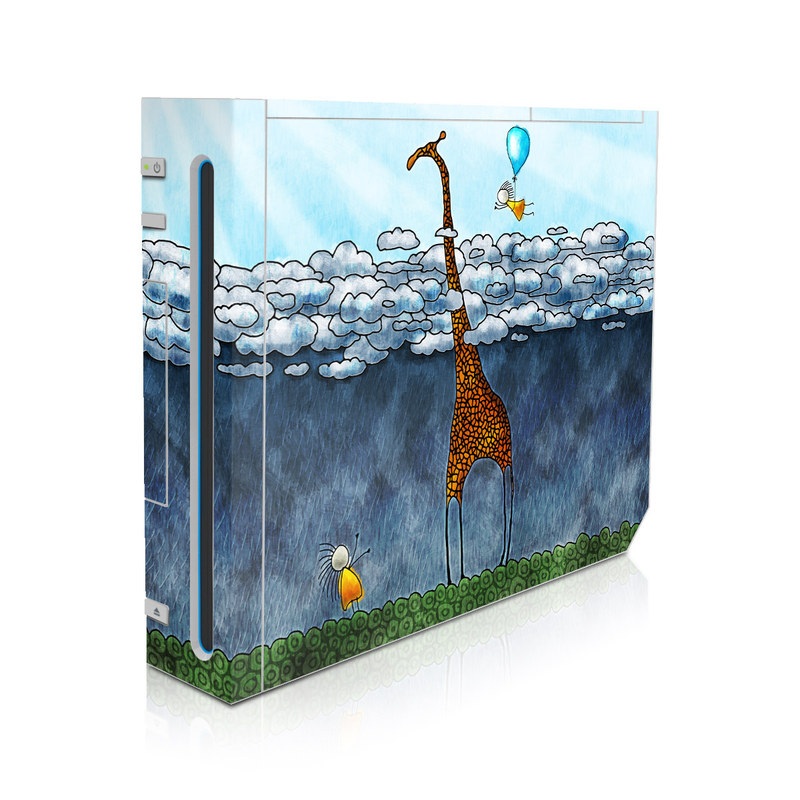 Wii Skin design of Giraffe, Sky, Tree, Water, Branch, Giraffidae, Illustration, Cloud, Grassland, Bird, with blue, gray, yellow, green colors
