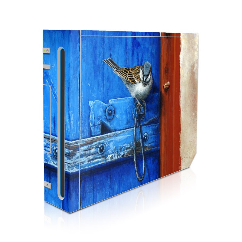 Wii Skin design of Blue, Wood, Door handle, Door, Wall, Door knocker, Electric blue, Still life photography, Window, Handle, with red, blue, brown colors