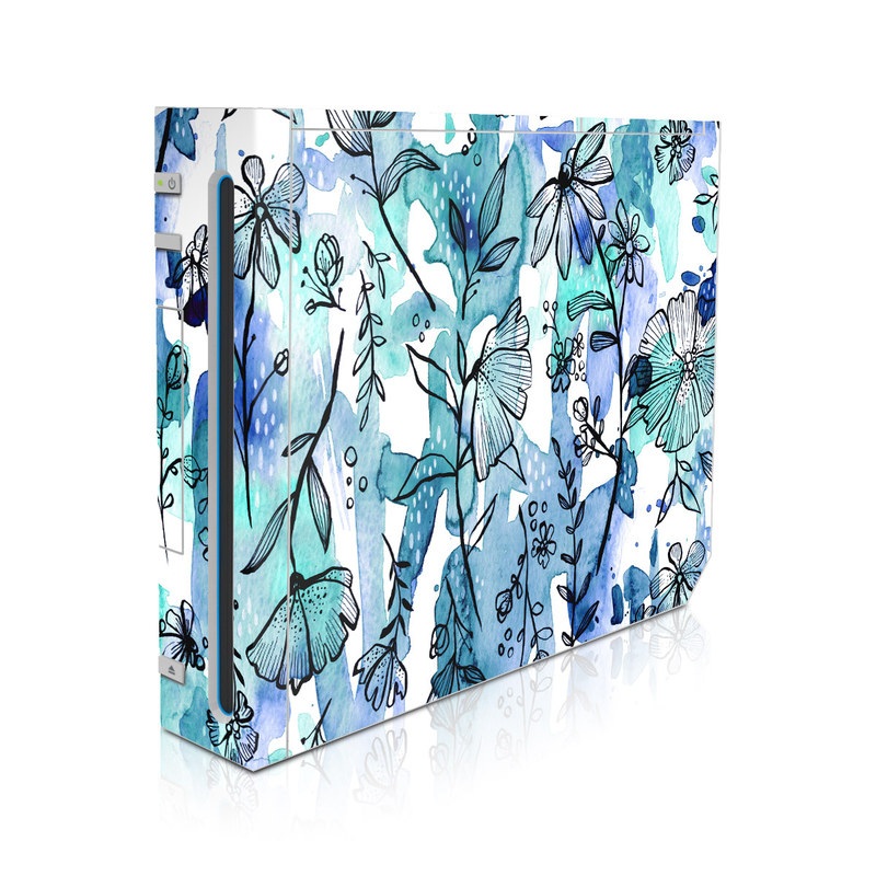 Wii Skin design of Blue, Pattern, Turquoise, Aqua, Design, Textile, Wildflower, Plant, Wrapping paper, Gift wrapping, with blue, white, black, purple colors