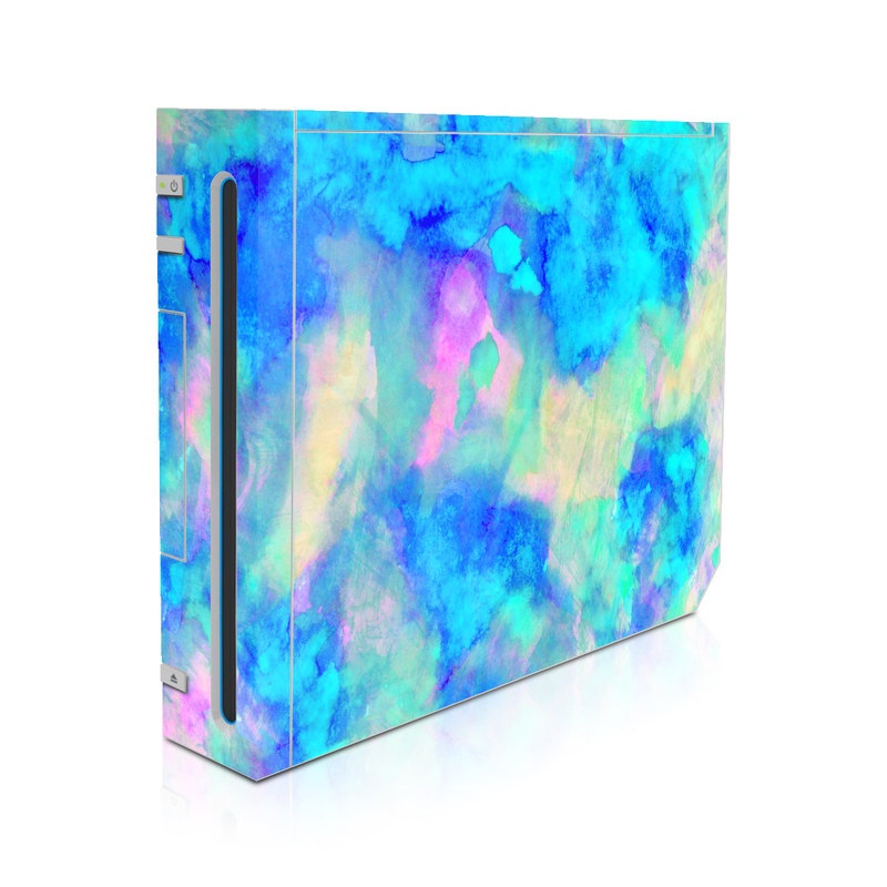 Wii Skin design of Blue, Turquoise, Aqua, Pattern, Dye, Design, Sky, Electric blue, Art, Watercolor paint, with blue, purple colors
