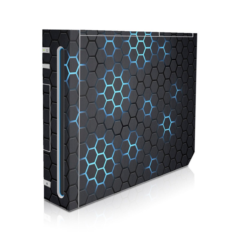 Wii Skin design of Pattern, Water, Design, Circle, Metal, Mesh, Sphere, Symmetry with black, gray, blue colors