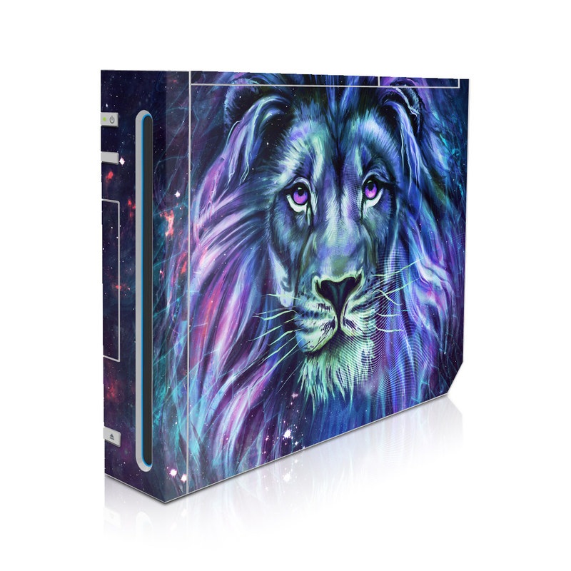 Wii Skin design of Lion, Felidae, Purple, Wildlife, Big cats, Illustration, Darkness, Space, Painting, Art, with purple, blue, green, black, white, red colors