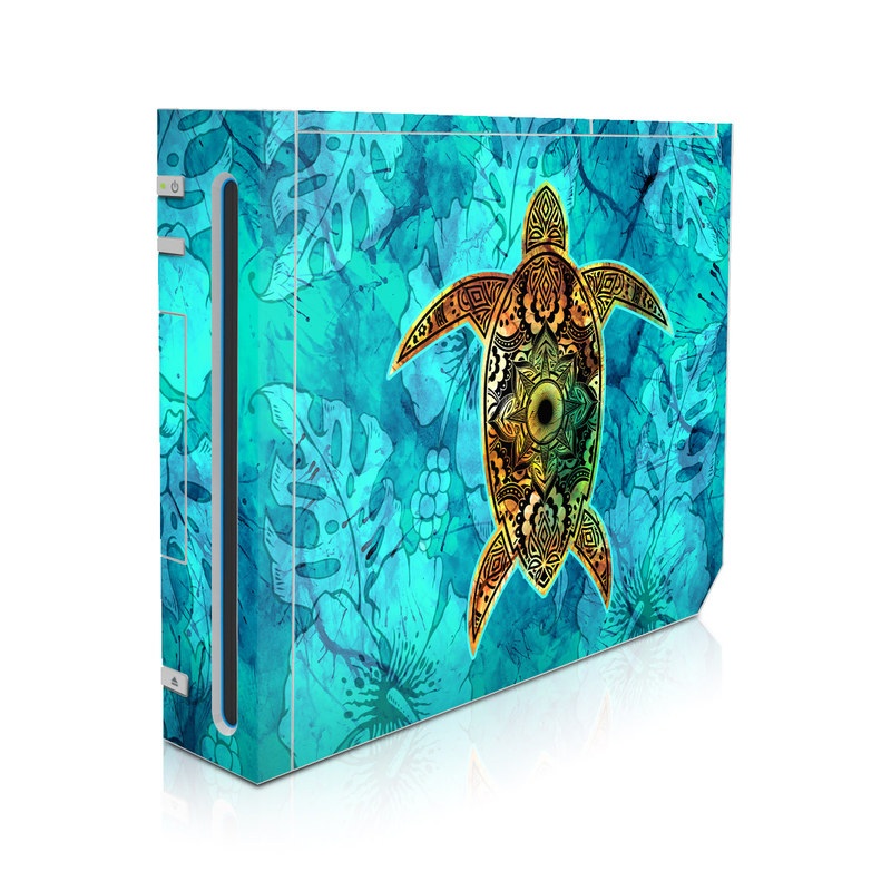 Wii Skin design of Sea turtle, Green sea turtle, Turtle, Hawksbill sea turtle, Tortoise, Reptile, Loggerhead sea turtle, Illustration, Art, Pattern, with blue, black, green, gray, red colors