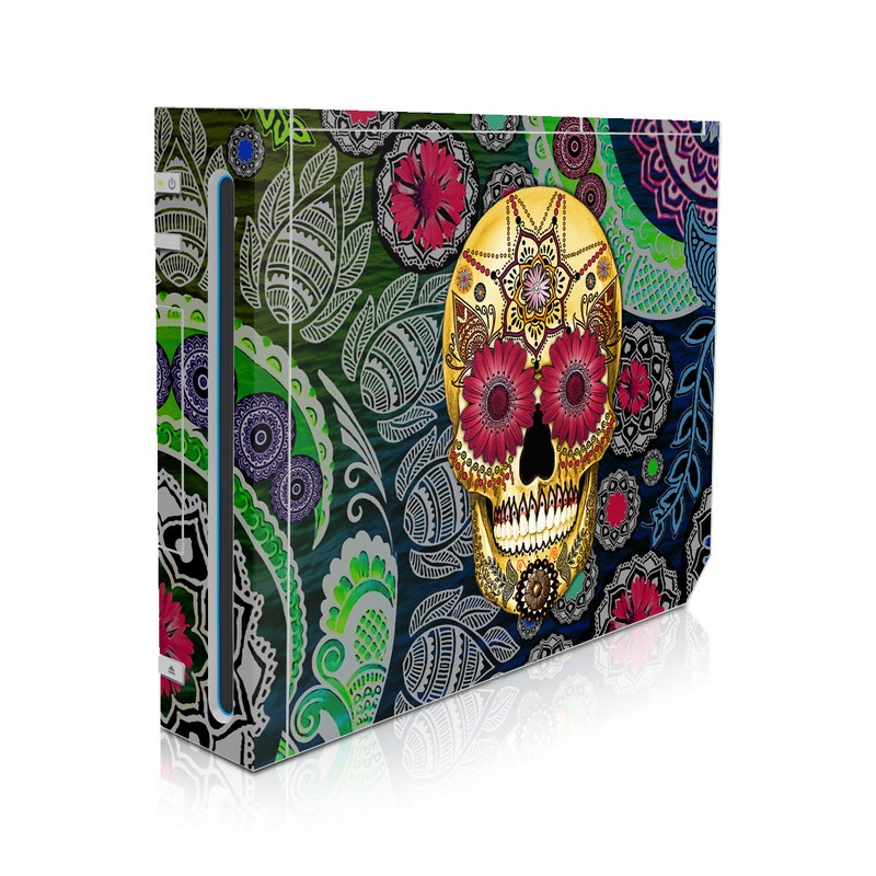 Wii Skin design of Skull, Bone, Pattern, Psychedelic art, Visual arts, Design, Illustration, Art, Textile, Plant, with black, red, gray, green, blue colors
