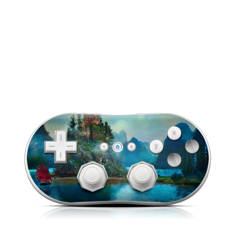 Wii Classic Controller Skin design of Nature, Natural landscape, Sky, Painting, Landscape, Illustration, Watercolor paint, Art, Calm, Water castle, with black, gray, blue, green colors