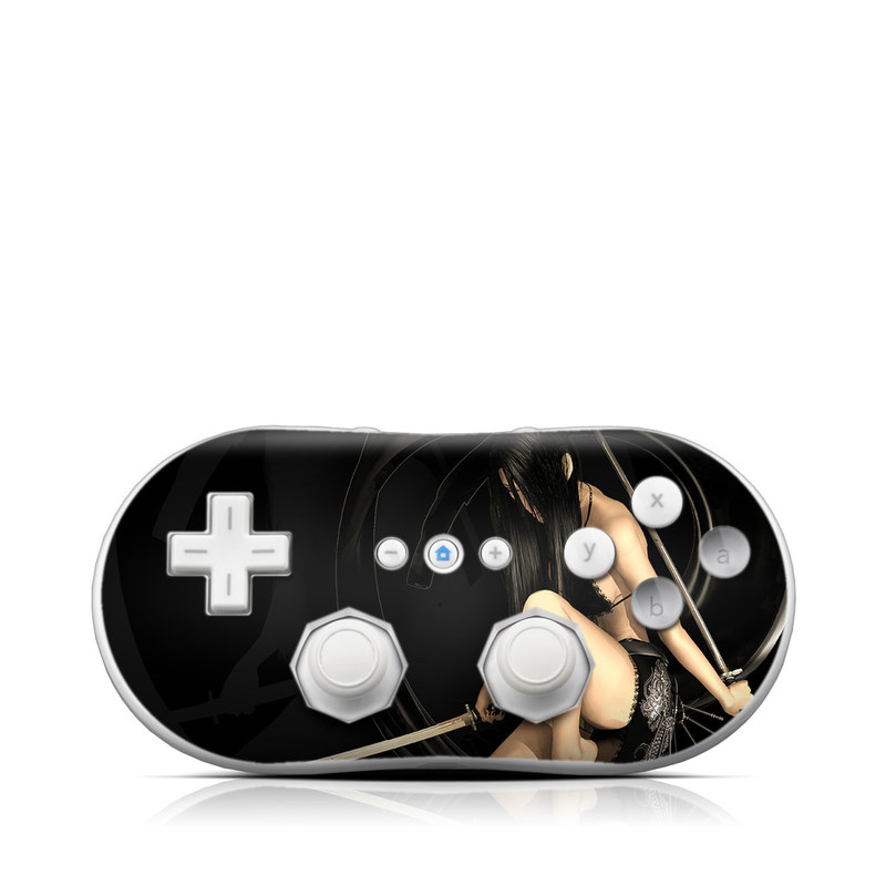 Wii Classic Controller Skin design of Black, Photography, Leg, Black hair, Cg artwork, Darkness, Fetish model, Sitting, Flash photography, with black, yellow, gray, white colors
