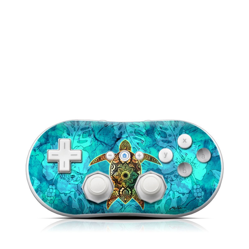 Wii Classic Controller Skin design of Sea turtle, Green sea turtle, Turtle, Hawksbill sea turtle, Tortoise, Reptile, Loggerhead sea turtle, Illustration, Art, Pattern, with blue, black, green, gray, red colors