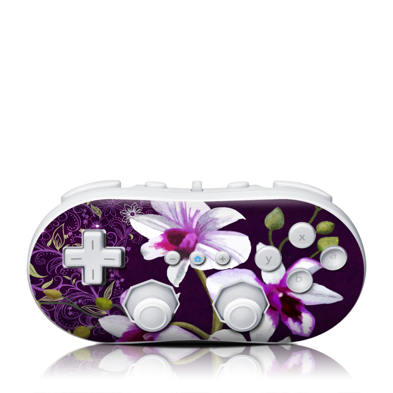 Wii Classic Controller Skin design of Flower, Purple, Petal, Violet, Lilac, Plant, Flowering plant, cooktown orchid, Botany, Wildflower, with black, gray, white, purple, pink colors