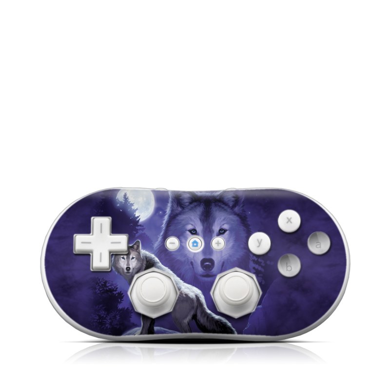 Wii Classic Controller Skin design of Wolf, Canidae, canis lupus tundrarum, Canis, Wolfdog, Dog, Native american indian dog, Wildlife, Sakhalin husky, Moonlight, with blue, black, gray colors