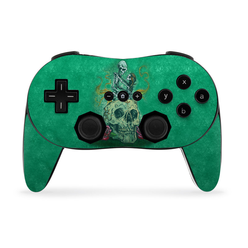 Wii Classic Controller Pro Skin design of Bone, Skull, Aqua, Pattern, Electric blue, Fashion accessory, Font, Fictional character, Art, Grass, with green, pink, red, yellow, orange, white, gray colors