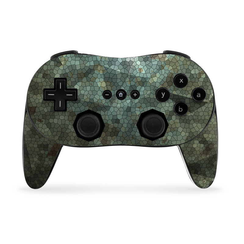 Wii Classic Controller Pro Skin design of Green, Pattern, Brown, Wall, Design, Rock, Geology, Camouflage, Granite, Metal, with black, brown, blue, gray, white colors