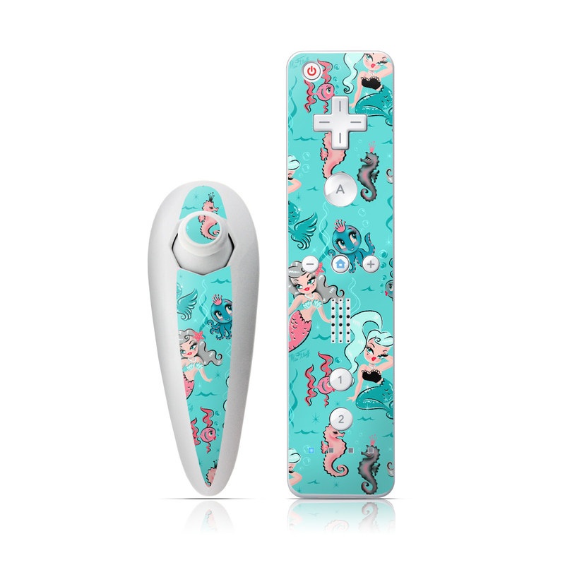 Wii Nunchuk Remote Skin design of Turquoise, Wrapping paper, Cartoon, Pattern, Textile, Aqua, Design, Gift wrapping, Illustration, Fictional character, with blue, pink, yellow, gray colors