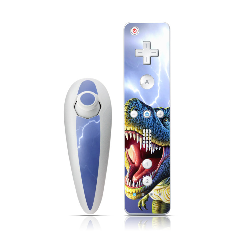 Wii Nunchuk Remote Skin design of Dinosaur, Extinction, Tyrannosaurus, Velociraptor, Tooth, Jaw, Organism, Mouth, Fictional character, Art, with blue, green, yellow, orange, red colors