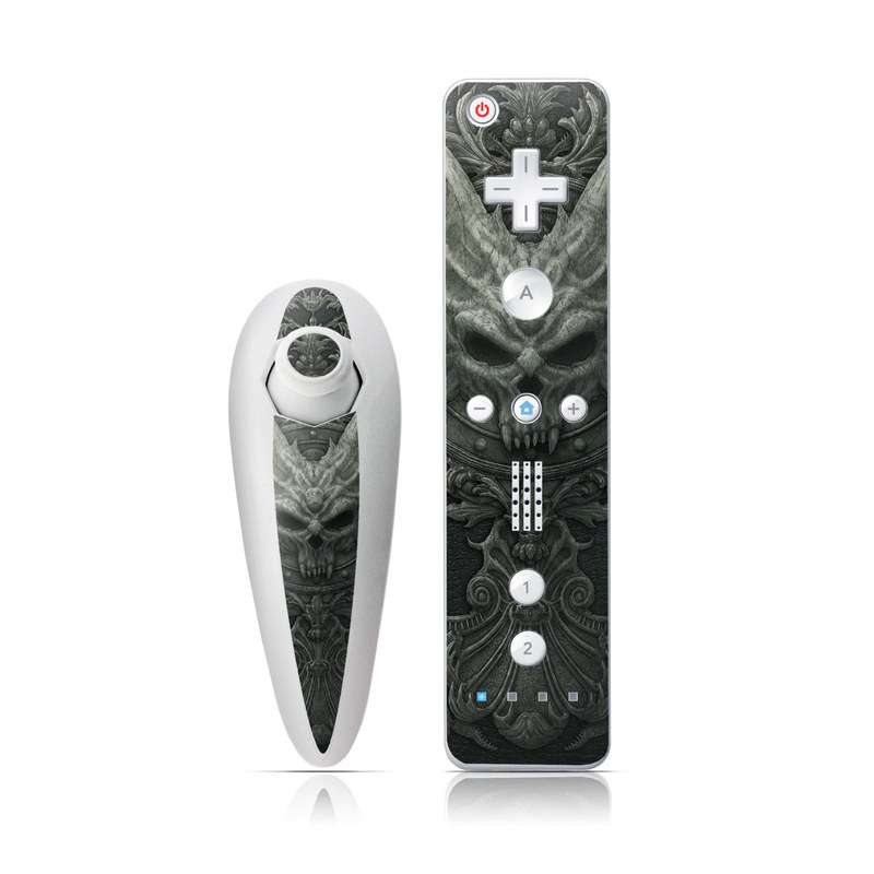 Wii Nunchuk Remote Skin design of Demon, Dragon, Fictional character, Illustration, Supernatural creature, Drawing, Symmetry, Art, Mythology, Mythical creature, with black, gray colors