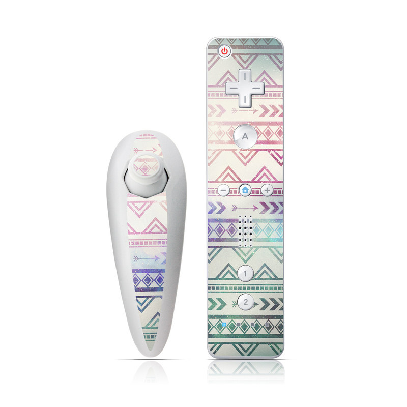 Wii Nunchuk Remote Skin design of Pattern, Line, Teal, Design, Textile, with gray, pink, yellow, blue, black, purple colors