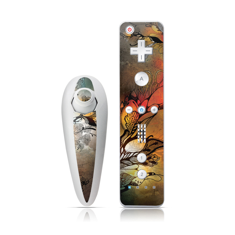 Wii Nunchuk Remote Skin design of Yellow, Orange, Art, Branch, Leaf, Graphic design, Visual arts, Pattern, Design, Modern art, with black, red, orange, yellow colors