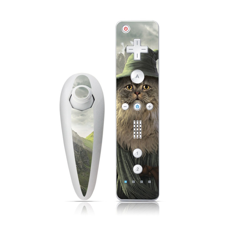 Wii Nunchuk Remote Skin design of Beard, Facial hair, Illustration, Mythology, Magician, Fictional character, Cg artwork, Games, Art, with green, gray, brown, blue, green, white, yellow, black colors