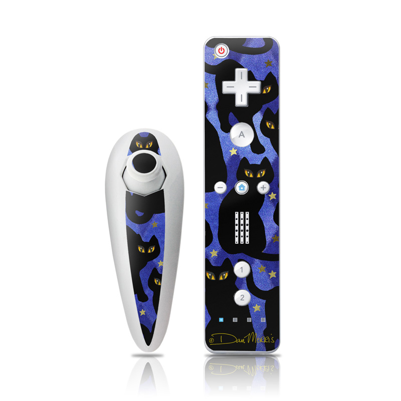 Wii Nunchuk Remote Skin design of Black cat, Black, Cat, Small to medium-sized cats, Pattern, Felidae, Design, Electric blue, Illustration, Art, with black, blue, purple, yellow colors