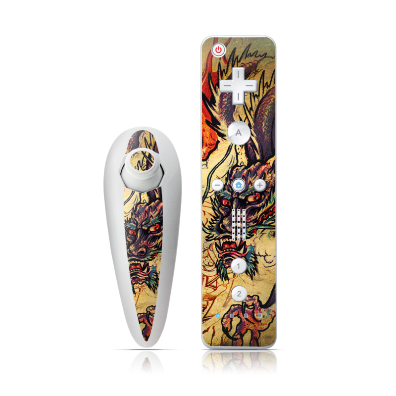Wii Nunchuk Remote Skin design of Illustration, Fictional character, Art, Demon, Drawing, Visual arts, Dragon, Supernatural creature, Mythical creature, Mythology, with black, green, red, gray, pink, orange colors