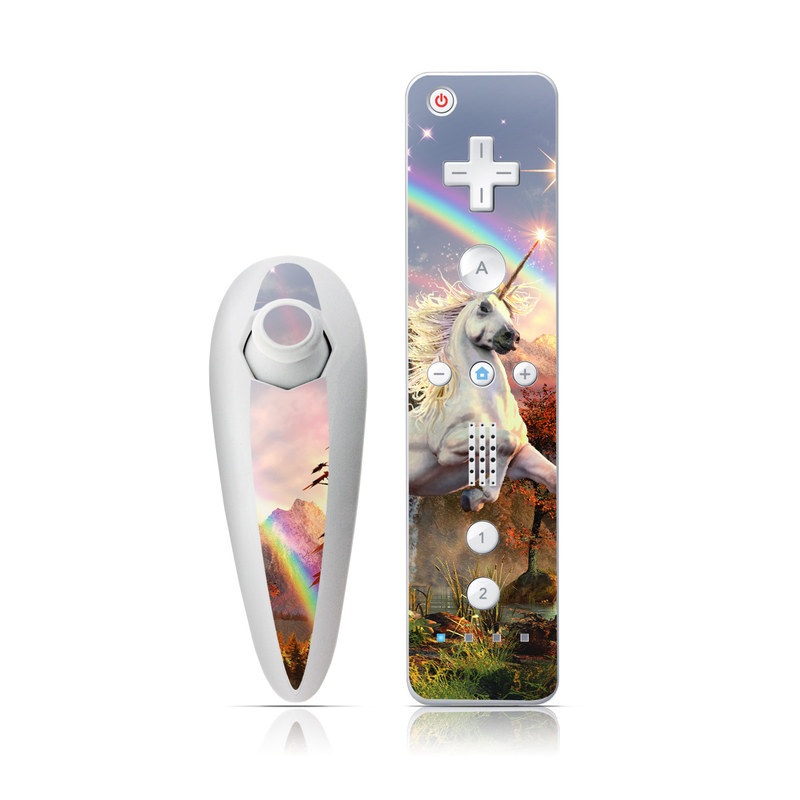 Wii Nunchuk Remote Skin design of Nature, Unicorn, Fictional character, Sky, Mythical creature, Mythology, Cg artwork, Horse, Mane, Wildlife, with black, gray, red, green, blue colors