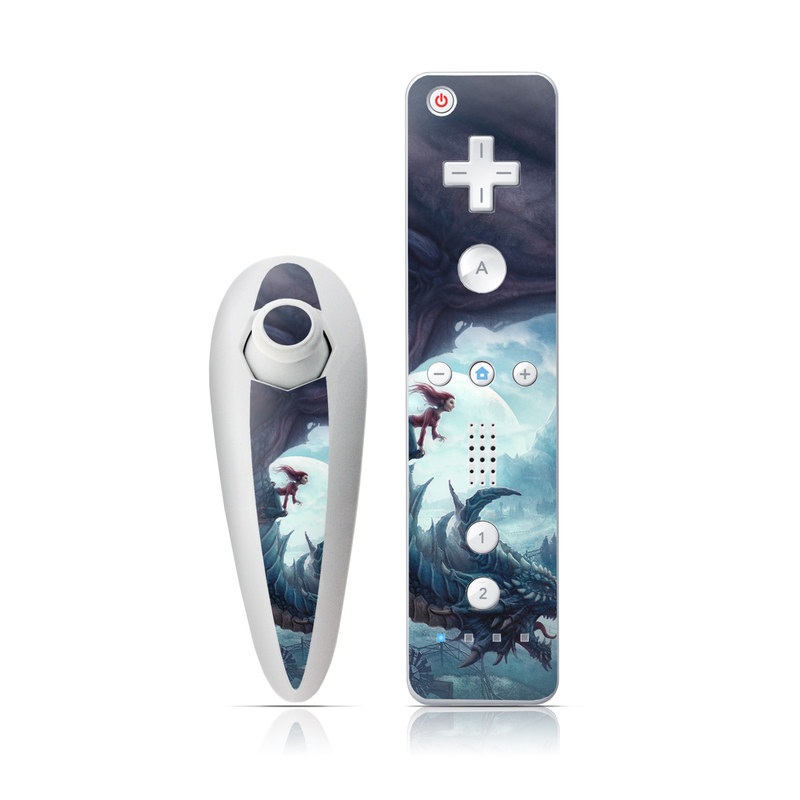 Wii Nunchuk Remote Skin design of Dragon, Cg artwork, Illustration, Action-adventure game, Fictional character, Mythical creature, Mythology, Fiction, Cryptid, Extinction, with blue, white, brown, green colors
