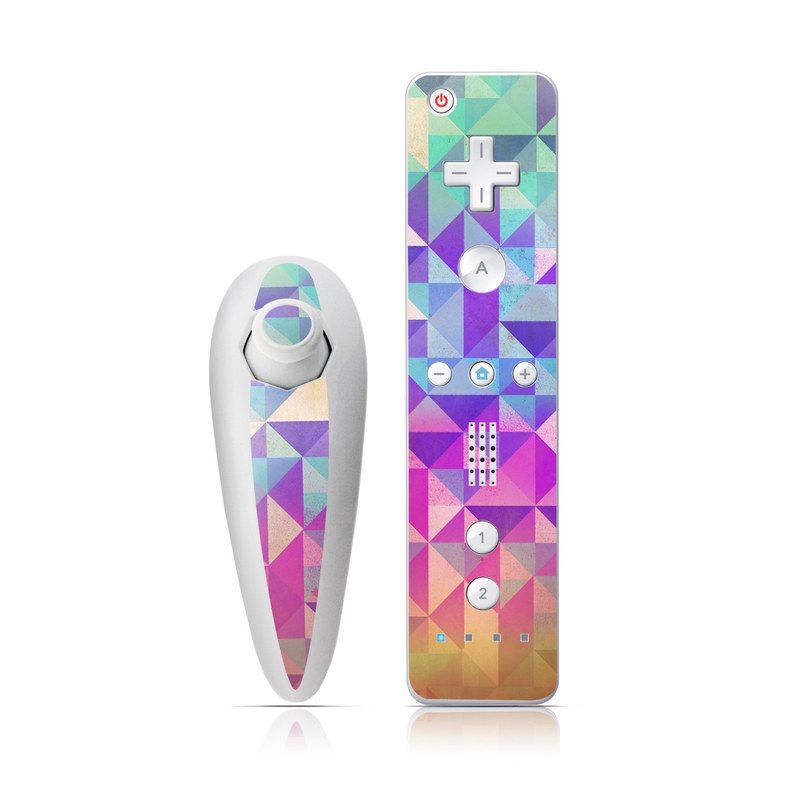 Wii Nunchuk Remote Skin design of Pattern, Purple, Triangle, Violet, Magenta, Line, Design, Symmetry, Psychedelic art, with gray, purple, green, blue, pink colors