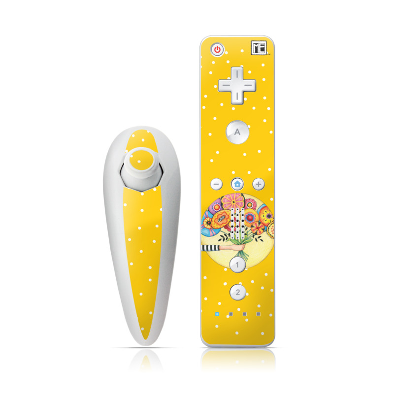 Wii Nunchuk Remote Skin design of Circle, Illustration, Clip art, Plant, with orange, yellow, pink, gray, green, black colors