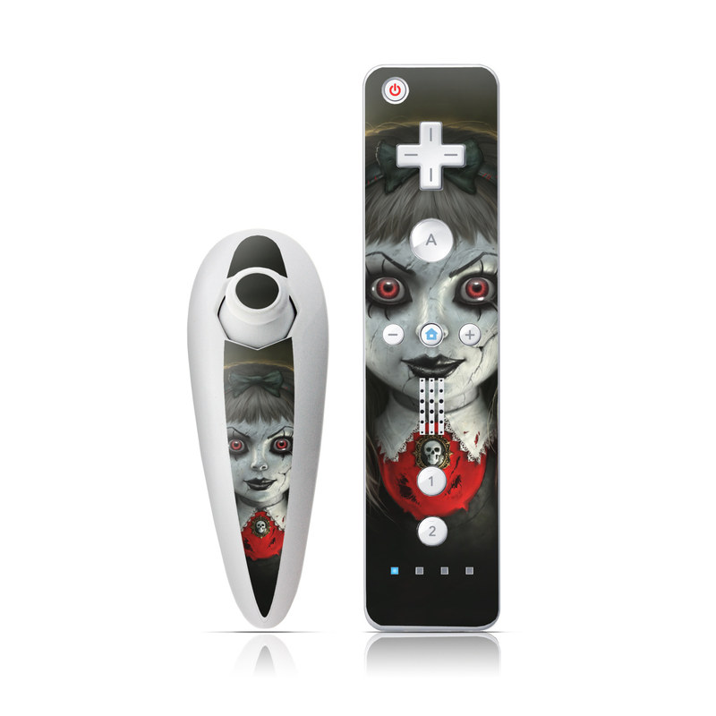 Wii Nunchuk Remote Skin design of Fiction, Illustration, Fictional character, Ghost, Darkness, Vampire, Goth subculture, Zombie, Art, Skull, with white, red, black, yellow colors