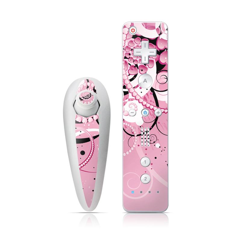 Wii Nunchuk Remote Skin design of Pink, Floral design, Graphic design, Text, Design, Flower Arranging, Pattern, Illustration, Flower, Floristry, with pink, gray, black, white, purple, red colors