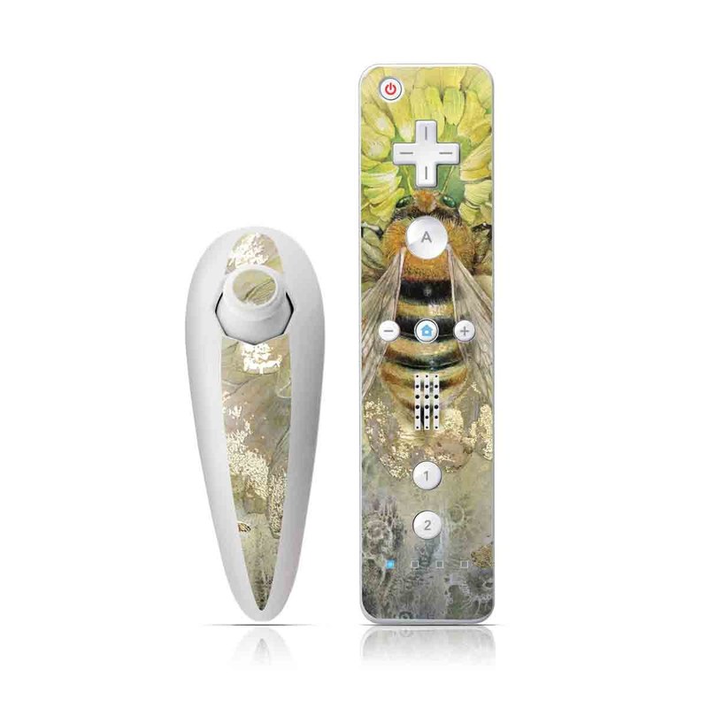 Wii Nunchuk Remote Skin design of Honeybee, Insect, Bee, Membrane-winged insect, Invertebrate, Pest, Watercolor paint, Pollinator, Illustration, Organism, with yellow, orange, black, green, gray, pink colors