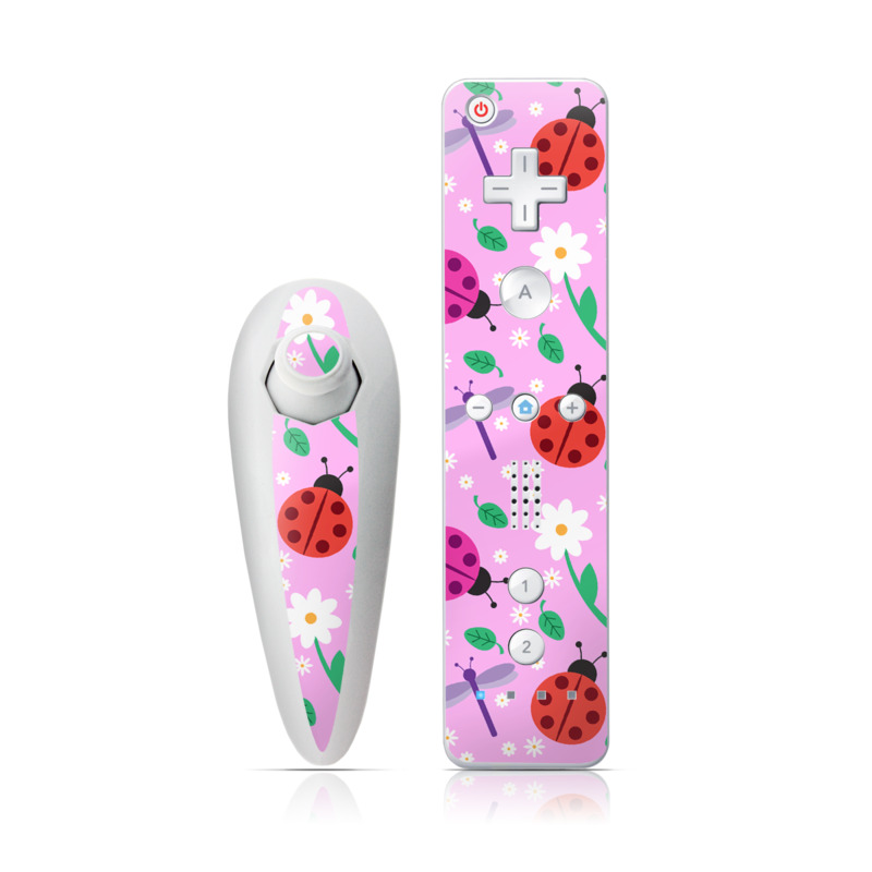 Wii Nunchuk Remote Skin design of Pink, Pattern, Design, Magenta, Clip art, Plant, Visual arts, Ladybug, Child art, Illustration, with pink, white, purple, gray, red, blue colors