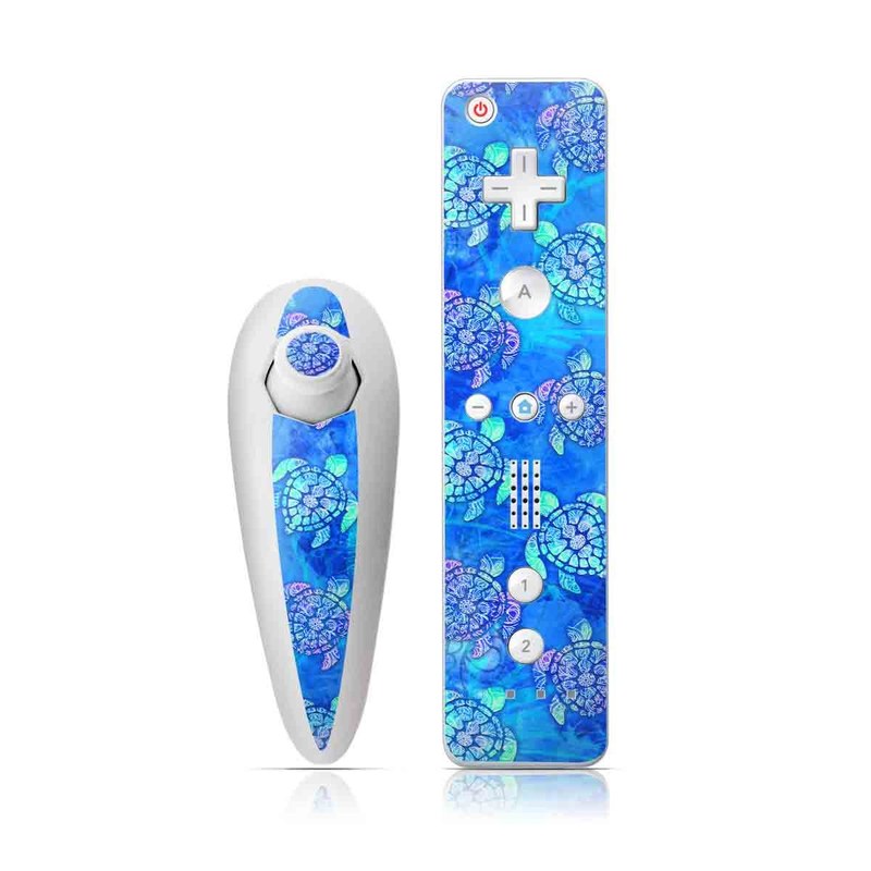 Wii Nunchuk Remote Skin design of Blue, Pattern, Organism, Design, Sea turtle, Plant, Electric blue, Hydrangea, Flower, Symmetry, with blue, green, purple colors