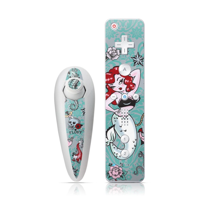 Wii Nunchuk Remote Skin design of Mermaid, Illustration, Fictional character, Organism, Art, Pattern, Style, with gray, blue, black, red, white, pink colors