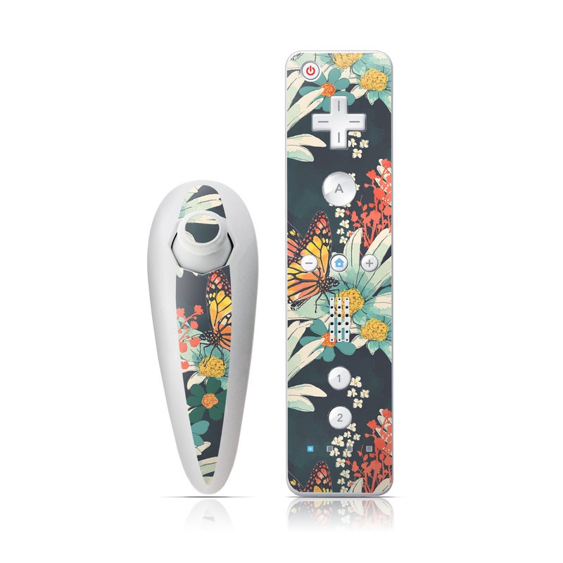 Wii Nunchuk Remote Skin design of Floral design, Pattern, Flower, Floristry, Textile, Botany, Plant, Visual arts, Design, Flower Arranging, with black, gray, green, red, blue, pink colors